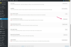 Screenshot of a WooCommerce settings page with various tool options such as "Term counts," "Capabilities," "Clear customer sessions," and highlighted "Create default WooCommerce pages" with an arrow pointing to the "Create pages" button.